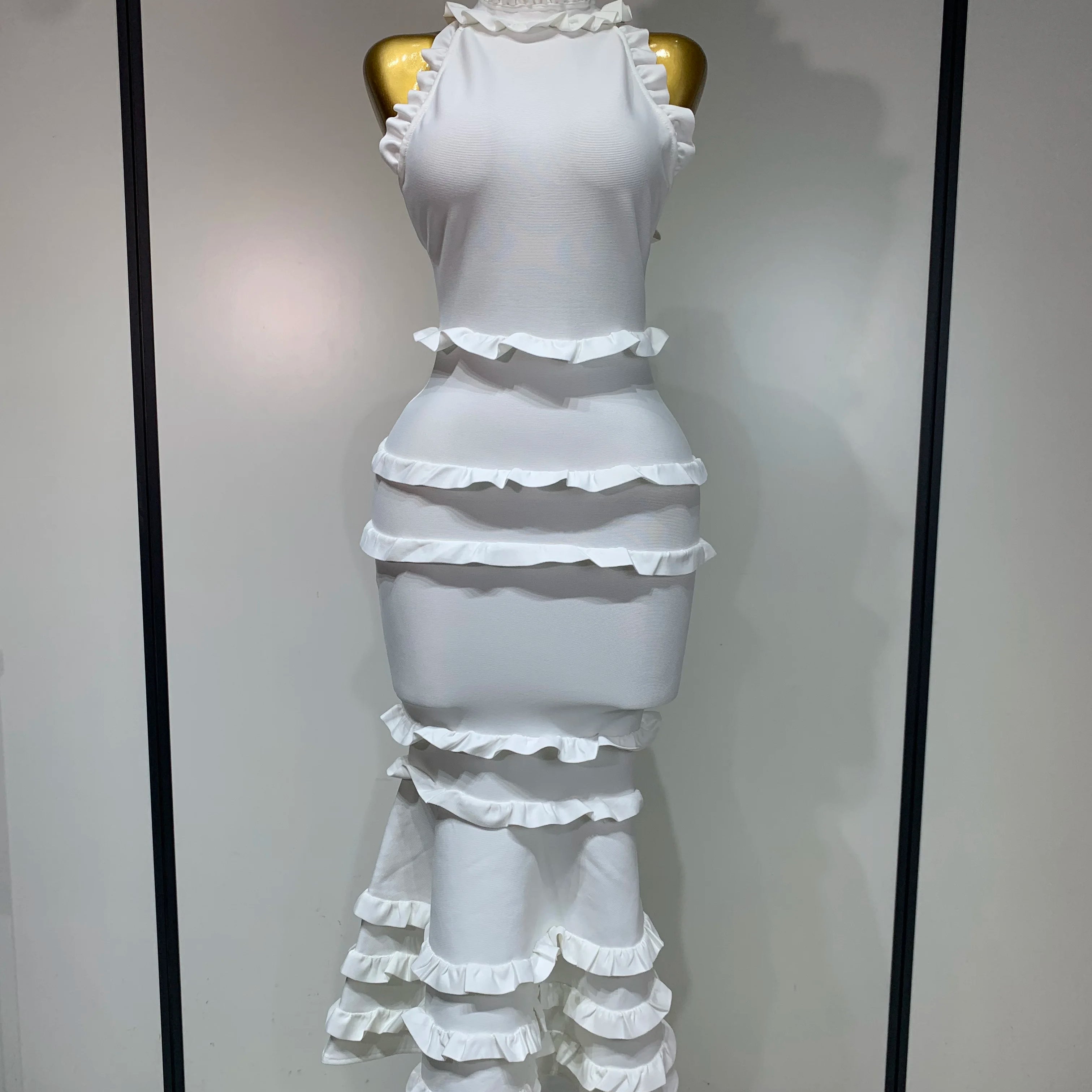 2025 New High quality White Elagant Retro Ruched High Collar Bodycon Bandage Dress Evening Party Fashion Simple Birthday Gown