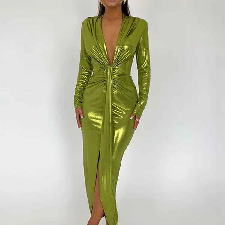 Mozision Deep V Neck Long Sleeve Bodycon Maxi Dress For Women Autumn Winter New Ruched Shiny Sexy PU Leather Dress Vestidos Green