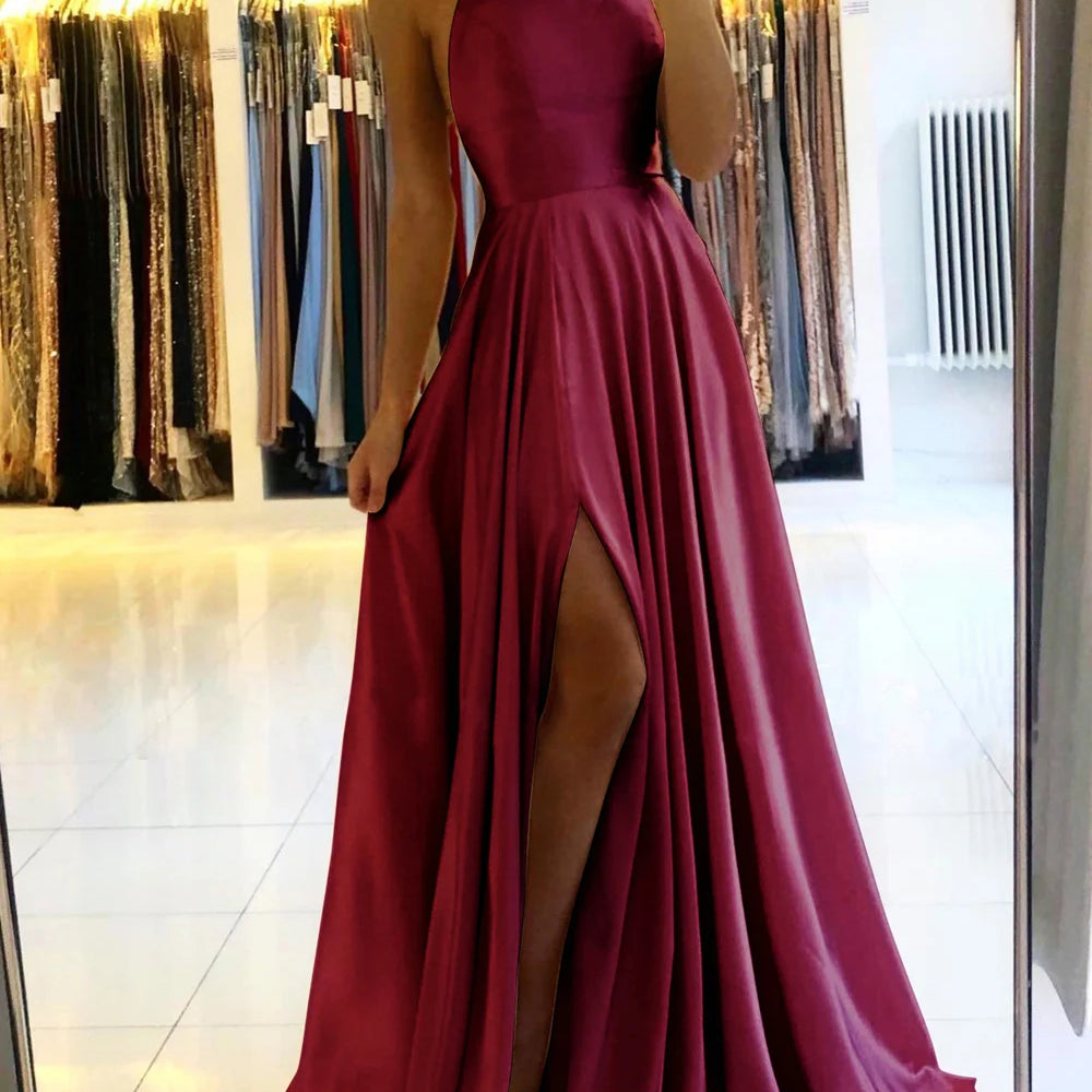 Ladies Blue A-line Long Satin Evening Dresses For Women Simple Spaghetti Straps Sexy Slit Wedding Prom Party Gowns Vestidos Burgundy