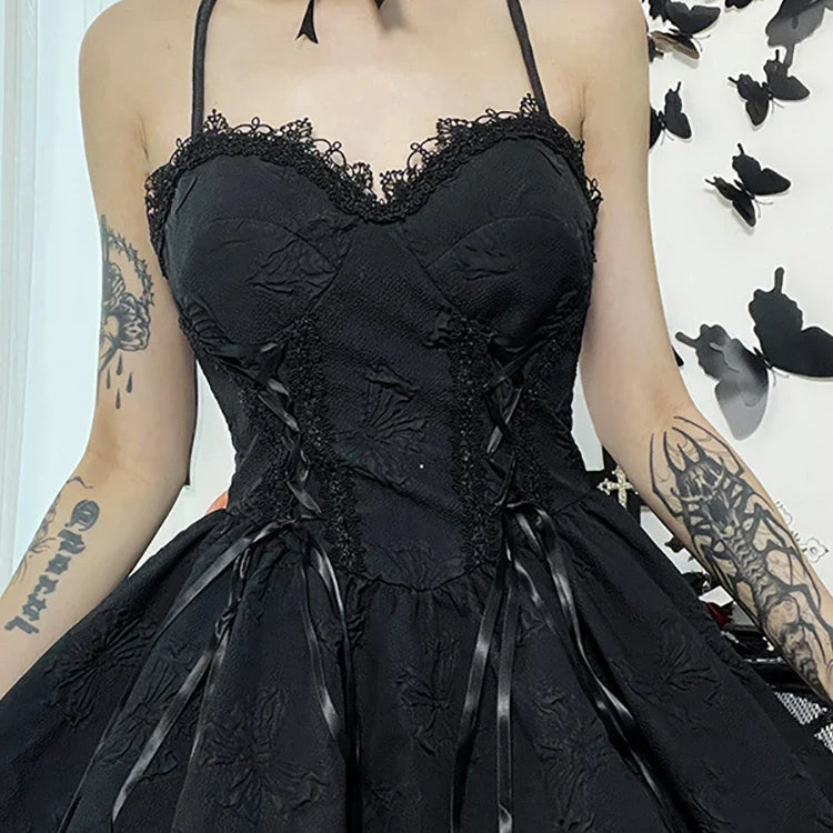 Goth Dark Tie Up Mall Gothic Elegant Women Dresses Grunge Aesthetic Jacquard A-Line Dress Emo Lace Trim Black Party Alt Clothes