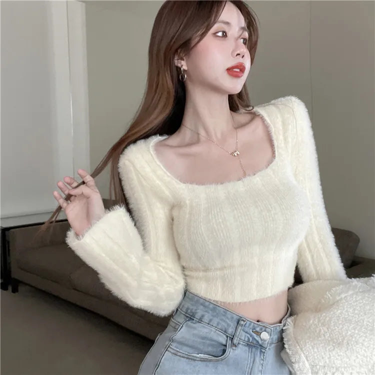 Autumn Winter Knitting Crop Tops Women Skinny Sweaters Bottom Shirts Fashion Female Long Sleeve Pullover Casual Knitted Sweater Apricot One Size