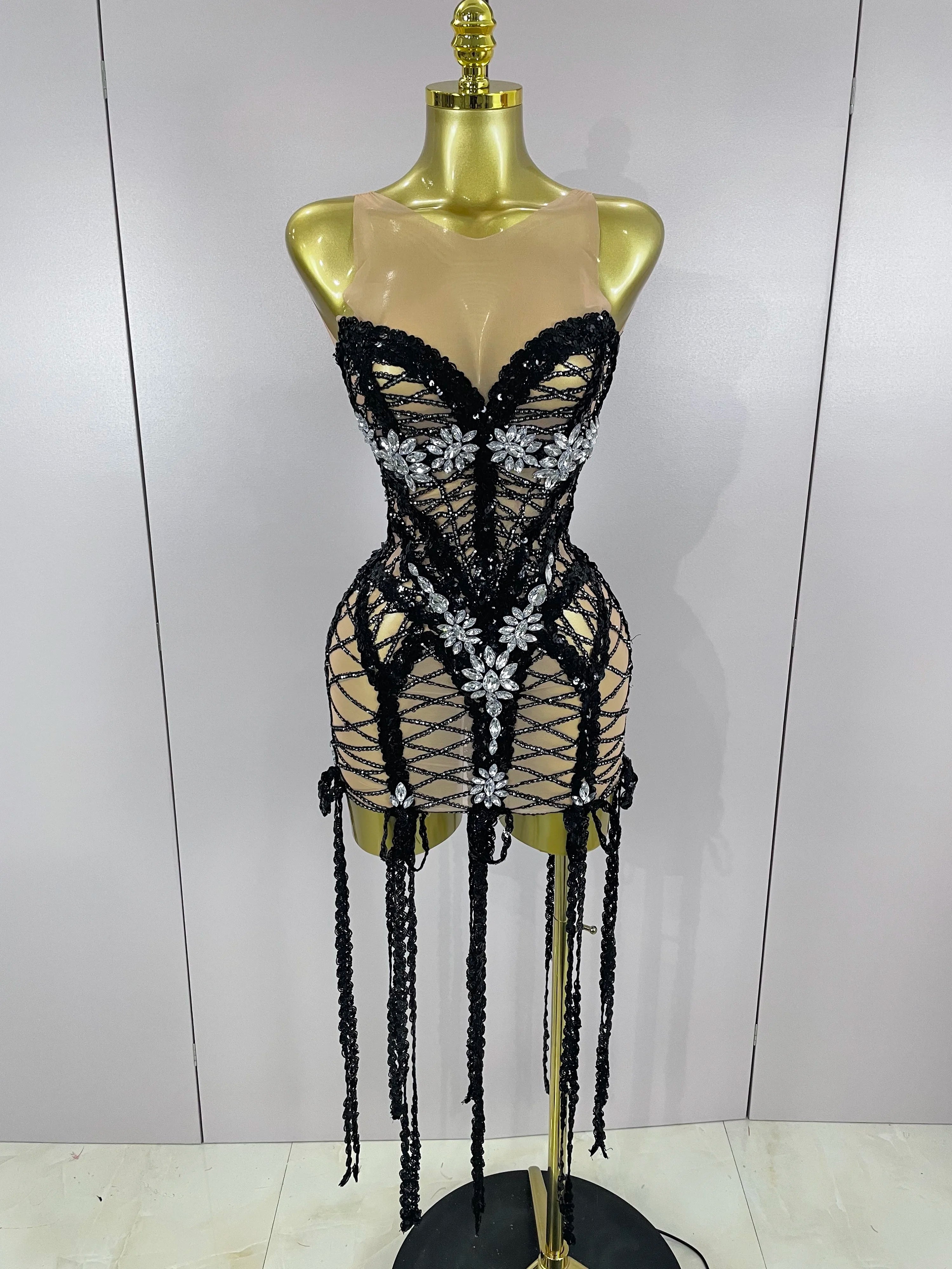 Sparkle Sequins Embroider Sparking Diamonds Long Tassel Sleeveless Mini Dress Women Red Carpet Goddess Stage Performance Costume