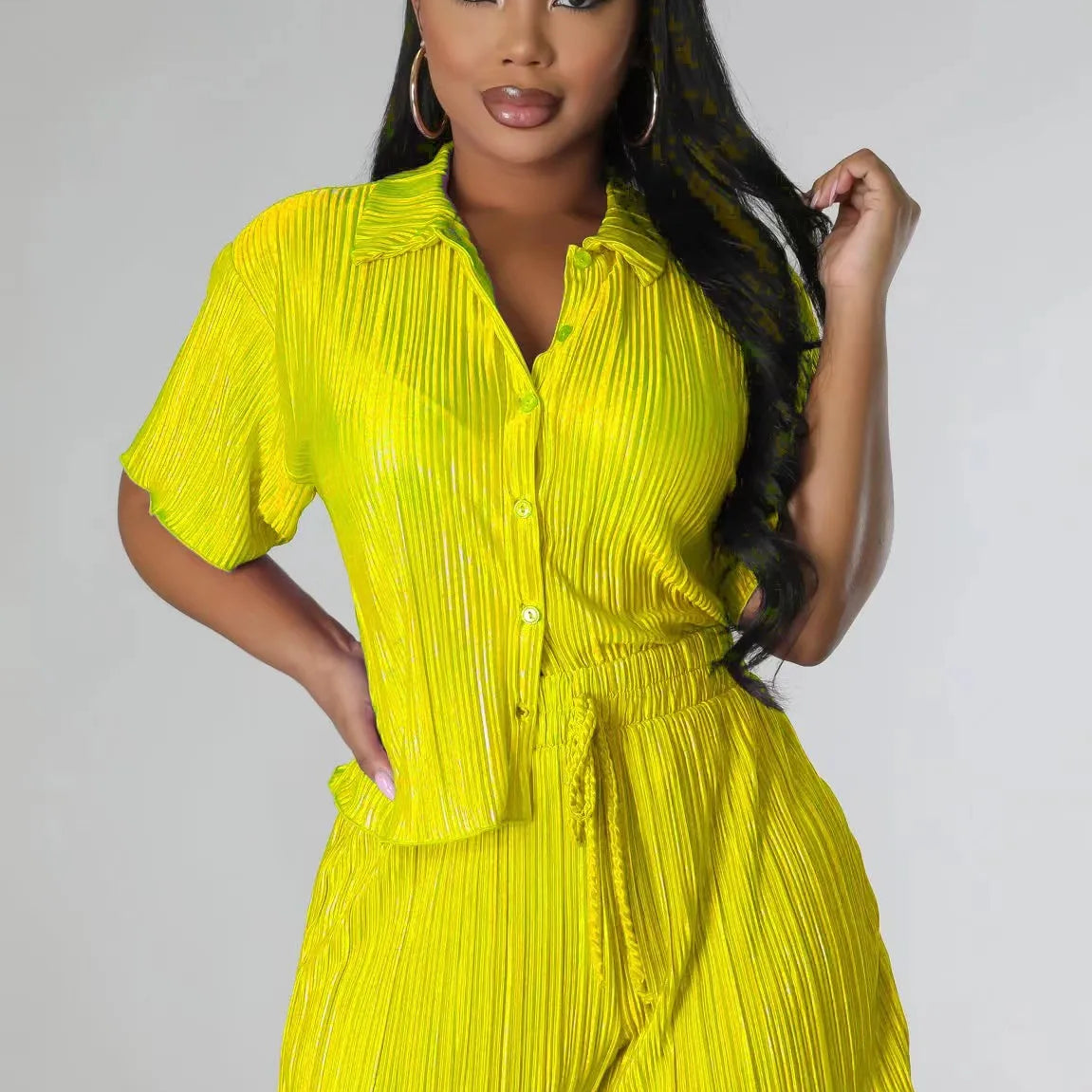 CM.YAYA Street Vintage Pleated Women's Set Short Sleeve Shirt Blouse and Shorts Suit 2023 INS Two 2 Piece Set Outfit Tracksuit Yellow