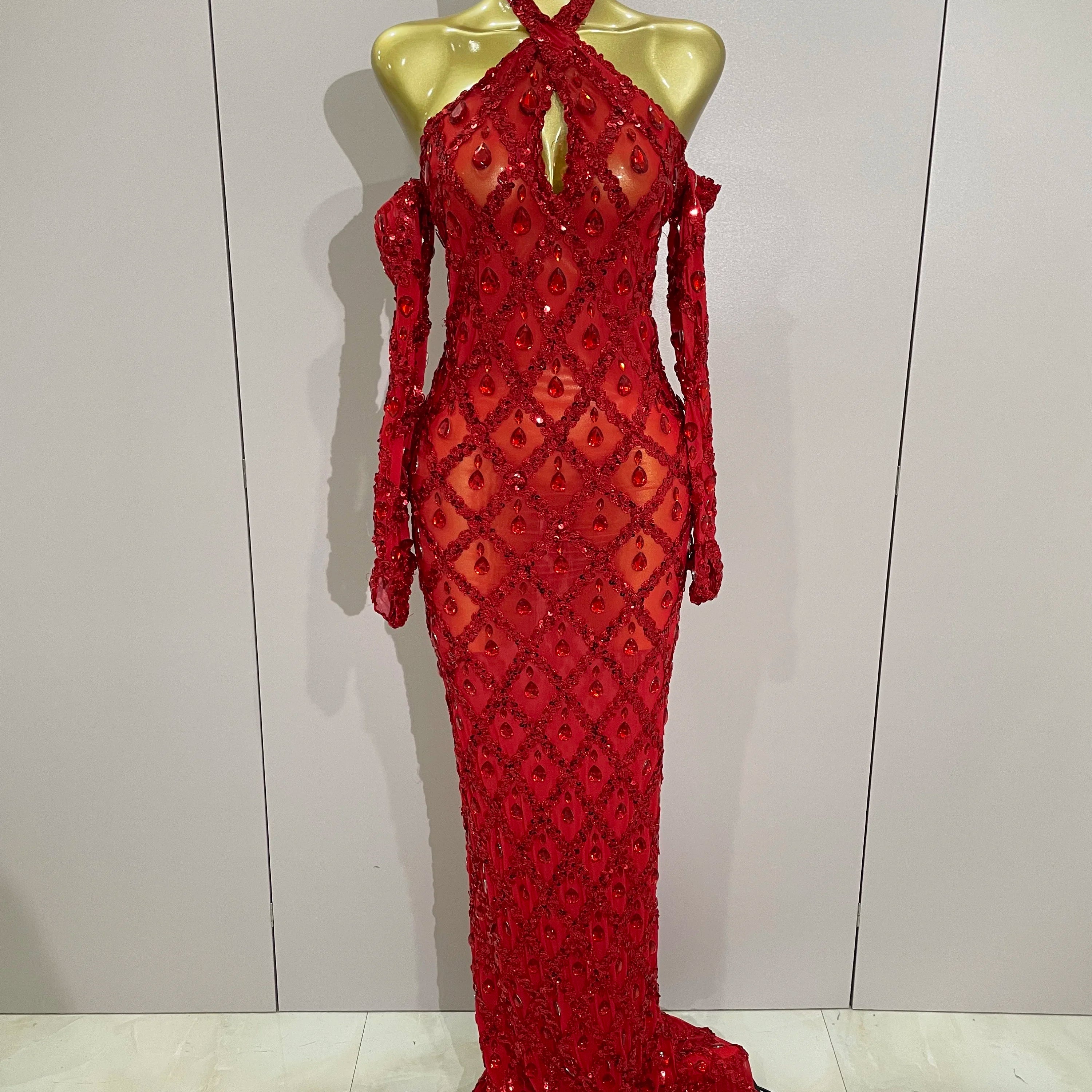 Sexy Sparkly Rhinestones Halter Mesh Long Dress With Gloves 2025 Women Celebrate Evening Wedding Prom Birthday Dress Shoot Wear