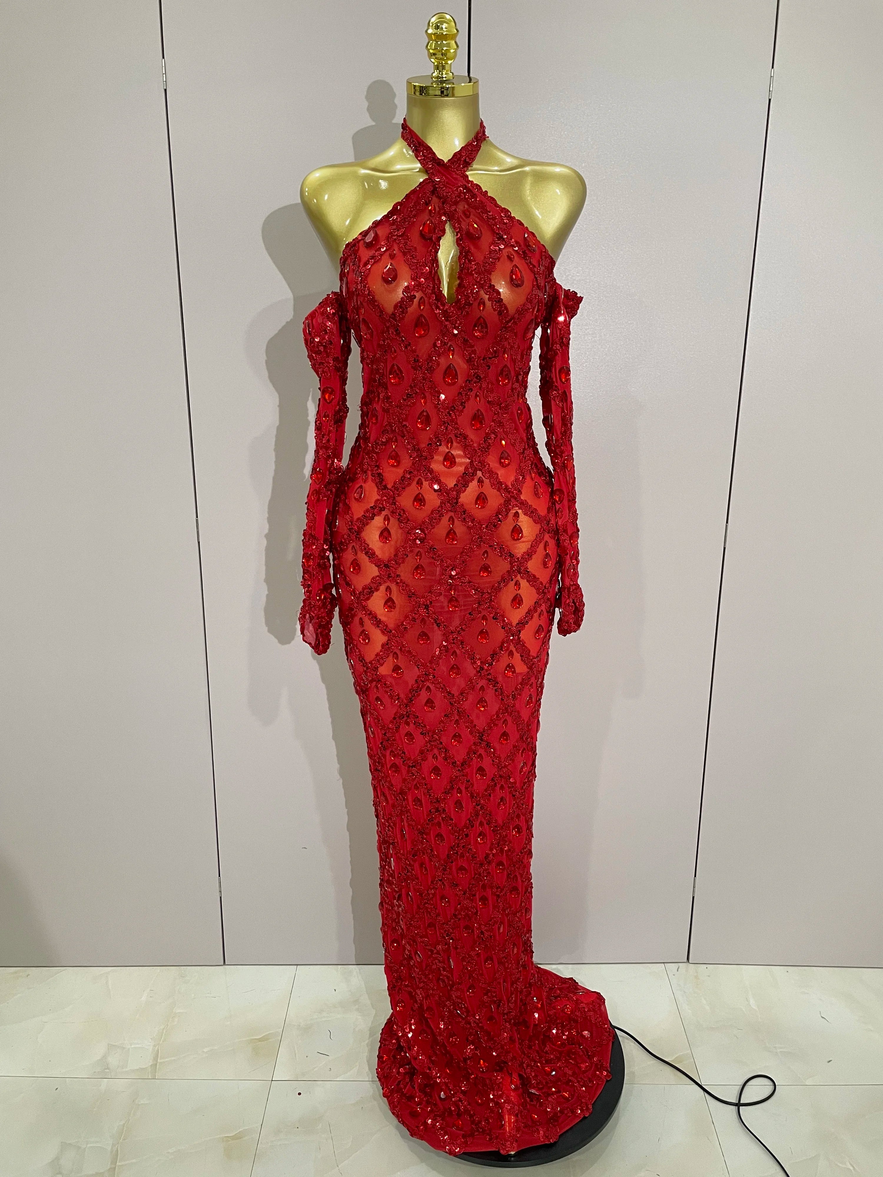 Sexy Sparkly Rhinestones Halter Mesh Long Dress With Gloves 2025 Women Celebrate Evening Wedding Prom Birthday Dress Shoot Wear
