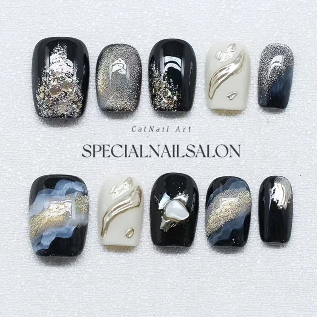 10Pcs Hand-drawn Smudging Black Press on Nails Set for Spice Girls Glitter Glossy Short Ballet Detachable Cool Finished Manicure