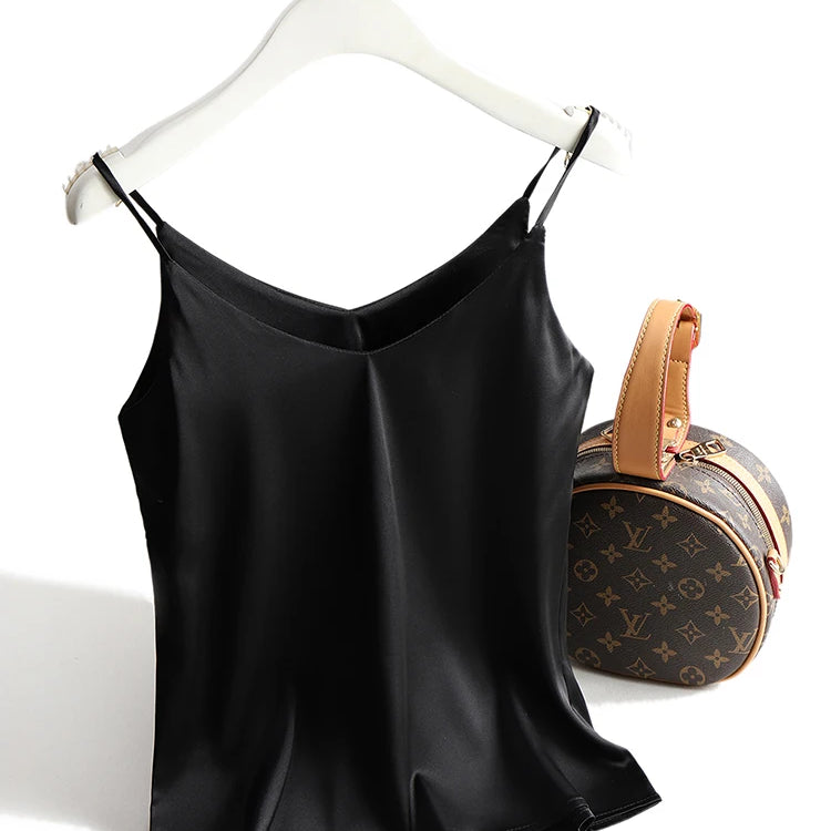 Spaghetti Strap Top Women Halter V Neck Basic White Cami Sleeveless Satin Silk Tank Tops Women'S Summer Camisole black