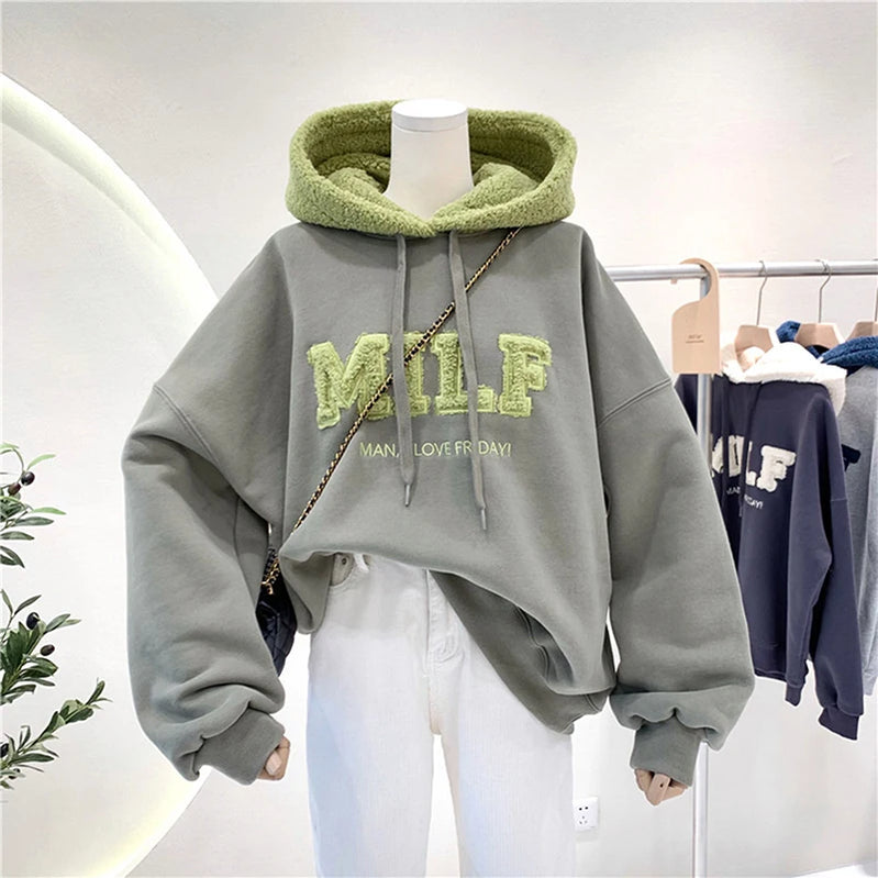 Fashion Patchwork Oversize Sweatshirt Women Winter Casual Loose Cotton Thick Letter Long Sleeve Hoodies Female Streetwear Light green