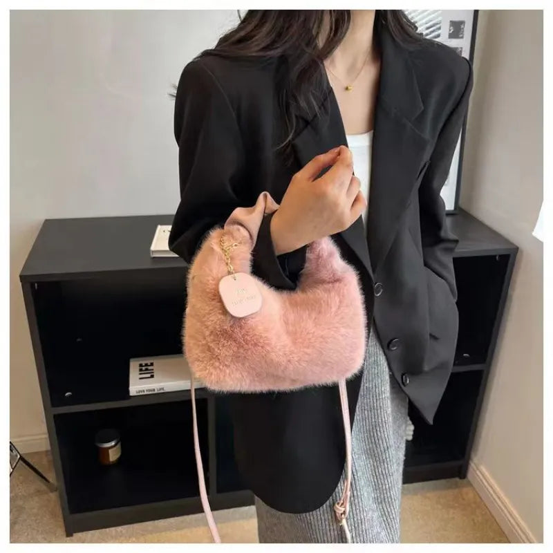 Women Faux Fur Handbags Zipper Small Lady Shoulder Crossbody Bag Casual Tote Half-Moon Hobos Winder