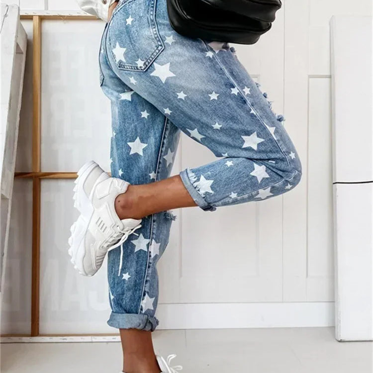 Autumn Boyfriend Jeans Woman Slim Hole Jeans For Ladies With Five-Pointed Star Ripped Jeans Street Casual Blue Denim Pants