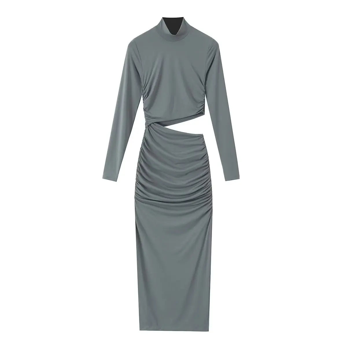 TRAFZA Female Vintage Chic Dresses Solid Color O-Neck Long Sleeve Hollow Out Waist Folds Women's Autumn Fashion Long Dresses grey