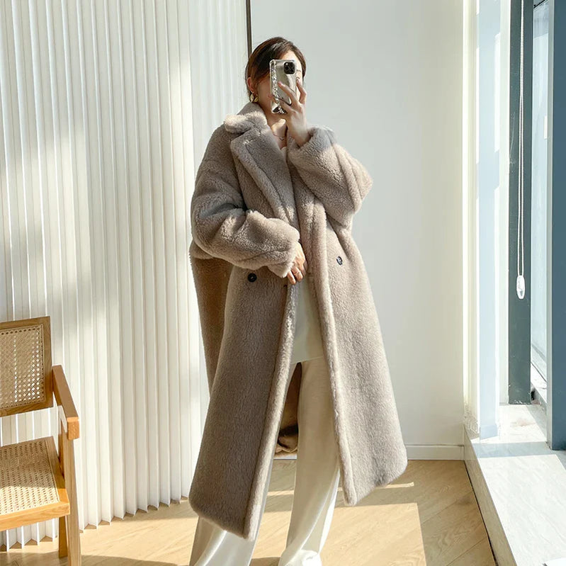 Teddy teddy bear coat women's autumn and winter fur grain camel wool coat alpaca wool med-long woolcoat sand brown