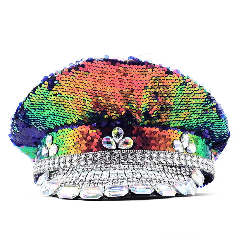 Stage Performance Bride Sergeant Hats For Women Handmade Luxury Rhinestone Hen Do Hat Sequin Burning Fashion Sailor Military Cap