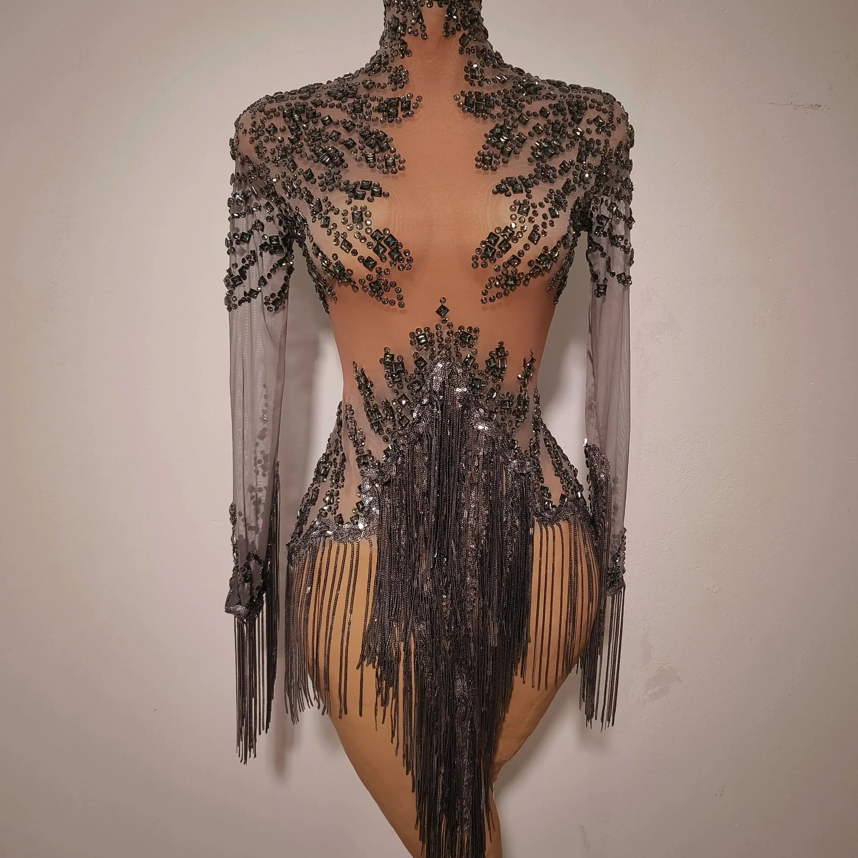 Women Sexy Gray Silver Tassel Crystal Diamonds Stretchy Night Club See Through Singer Dancer Stage Costume Party Bodysuit