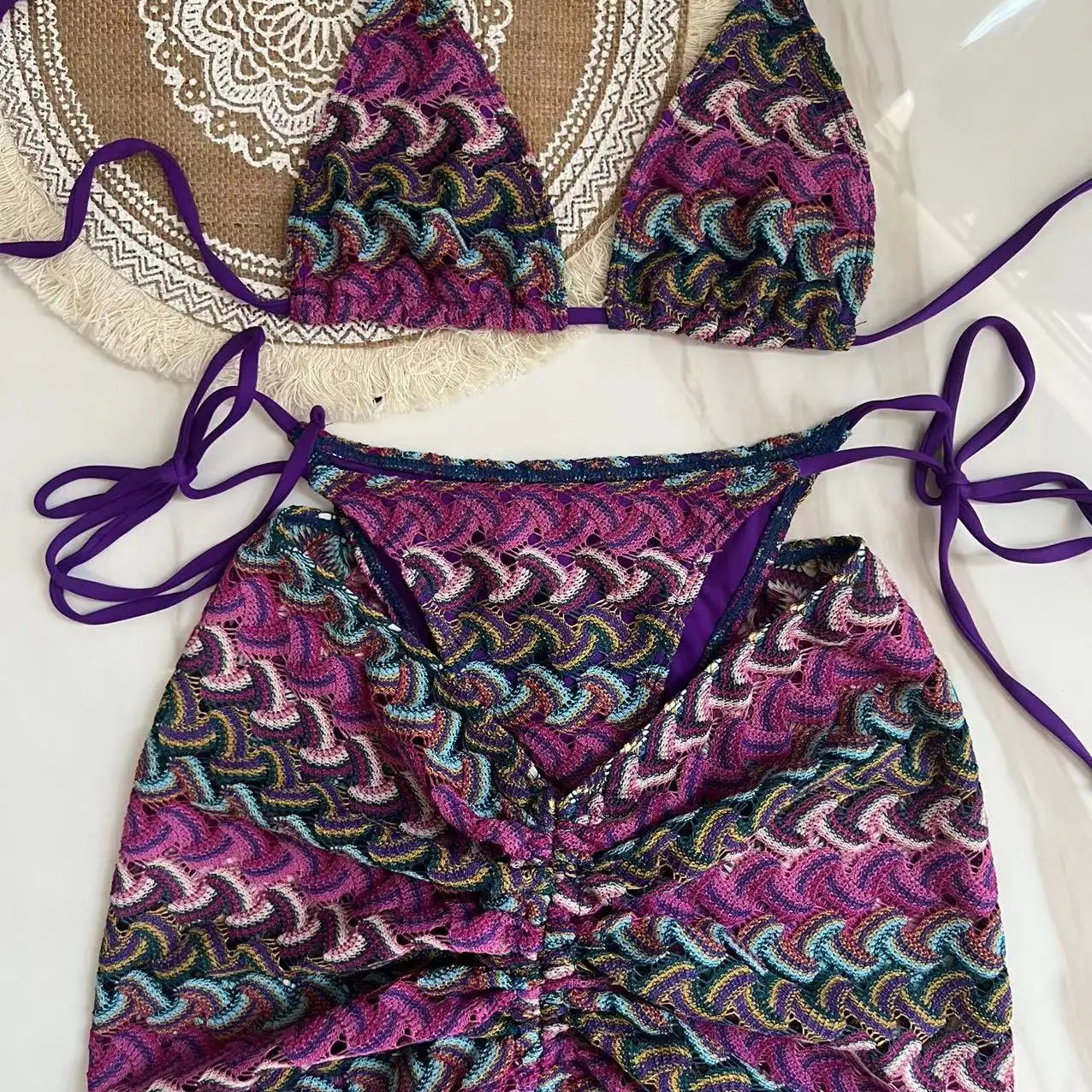 Three Piece Bikini Skirt Swimwear women swimsuit PURPLE