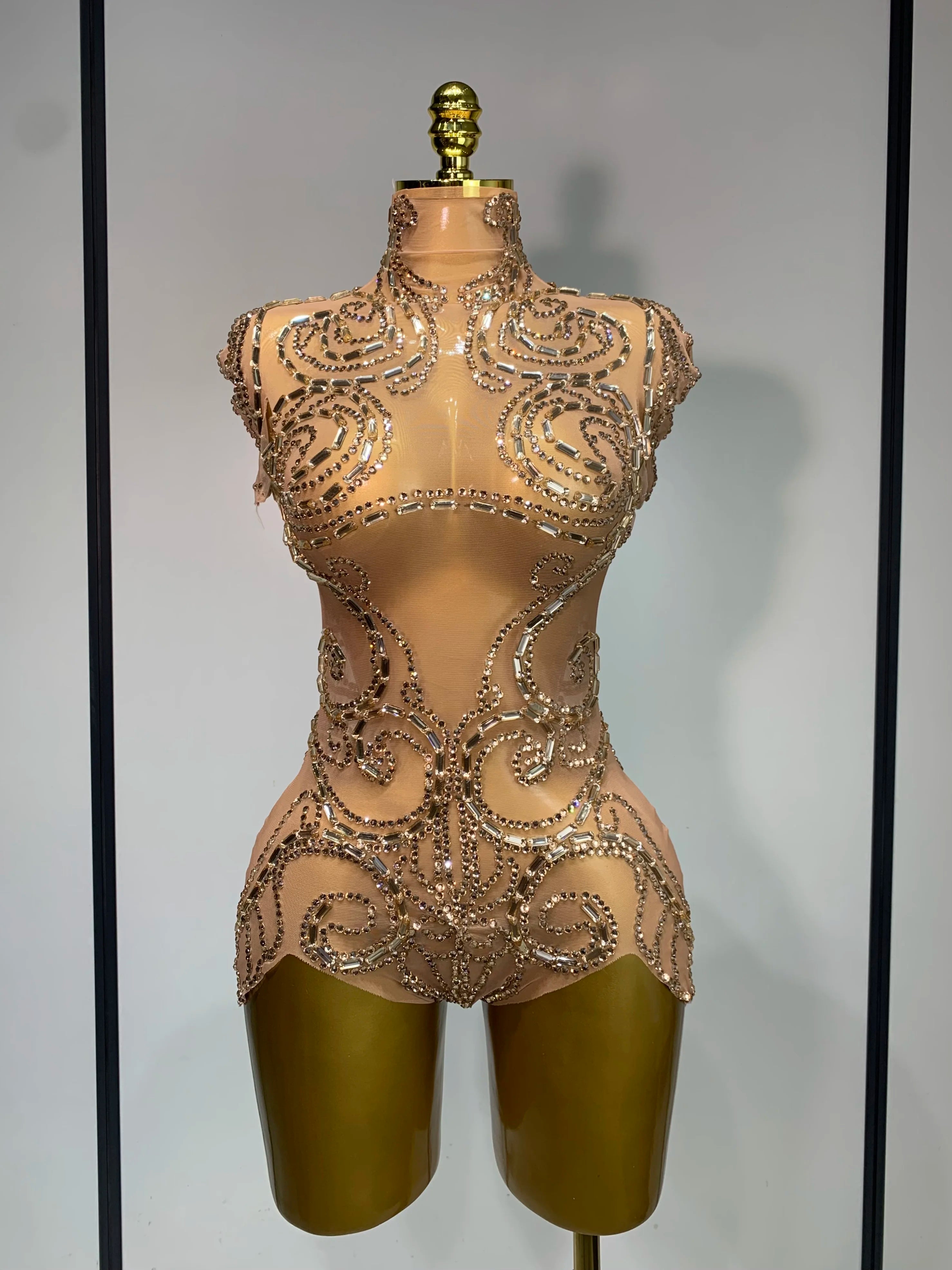 Shining Rhinestone Bodysuit Sexy Mesh See Through Dancer Birthday Evening Party Celebrate Performance Nightclub Stage Outfit