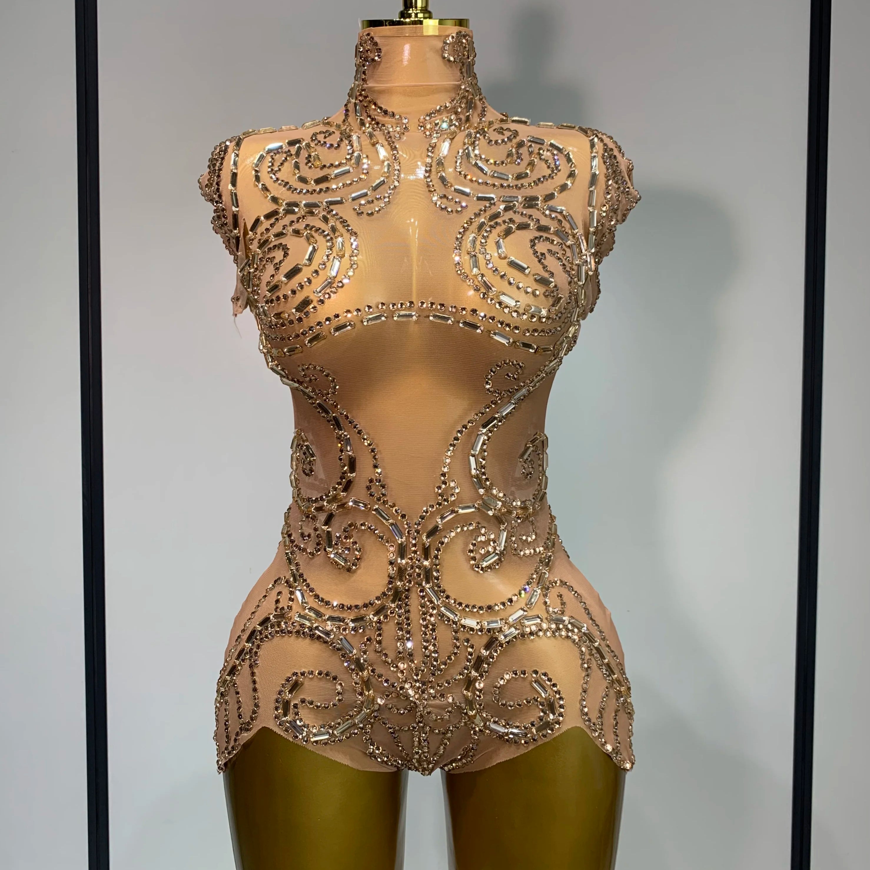 Shining Rhinestone Bodysuit Sexy Mesh See Through Dancer Birthday Evening Party Celebrate Performance Nightclub Stage Outfit