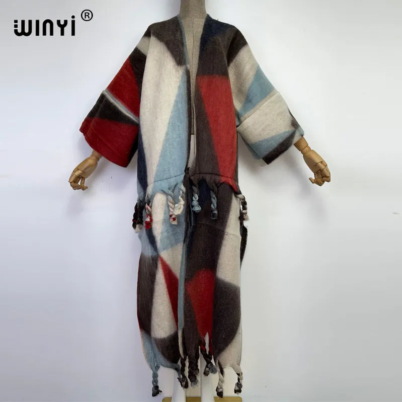 Winter Women tassel Cardigan coat Loose Christmas dress robe longue Thick Warm free size Middle East Female Kaftan 1 One Size