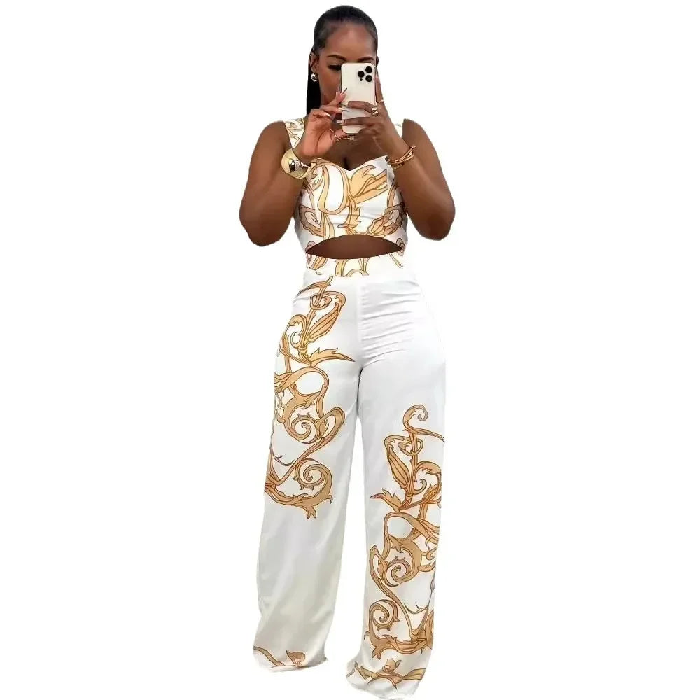 CM.YAYA 2024 Summer Women's Set Sleeveless Strapless Tops +Wide Leg Pants Print Party Street Two 2 Piece Sets Outfits Tracksuit