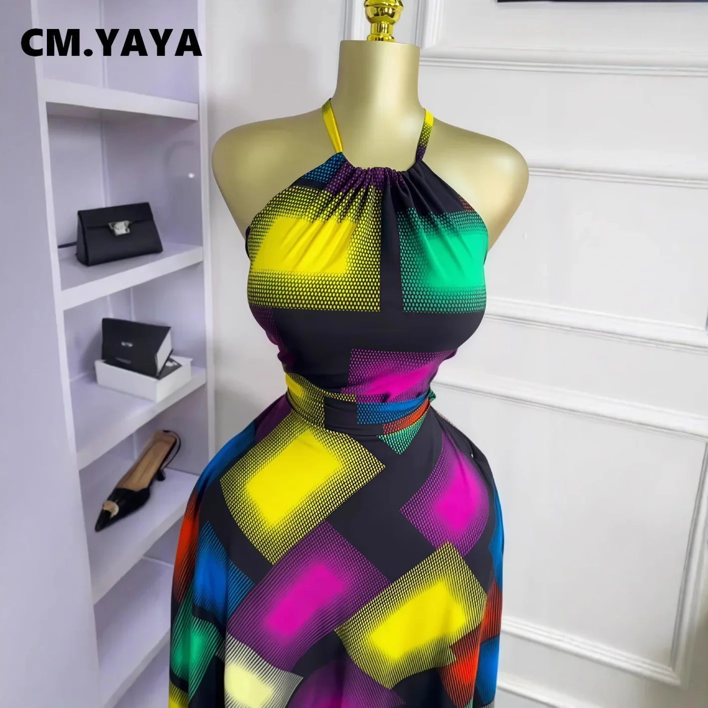 CM.YAYA Women Printed Halter Sleeveless Tank Maxi Long Dress 2025 Summer Beach Birthday Sexy Vacation Party Evening Dresses