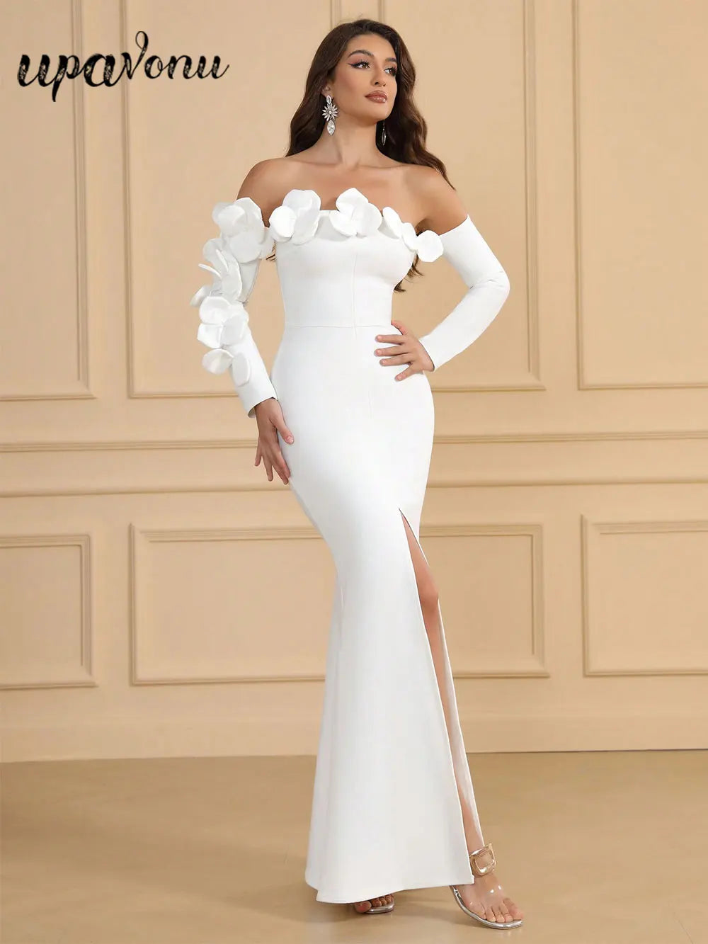 2025 Spring Sexy Women's 3D Flower Bandage Dress with One Collar Long Sleeve Bodycon Bareback Long Split Dresses Party Vestidos