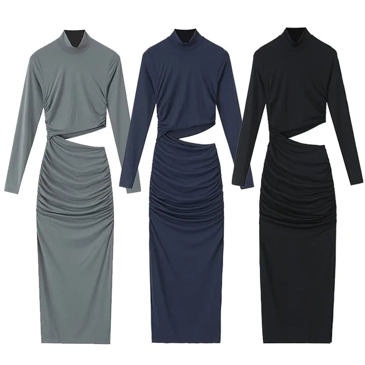 TRAFZA Female Vintage Chic Dresses Solid Color O-Neck Long Sleeve Hollow Out Waist Folds Women's Autumn Fashion Long Dresses