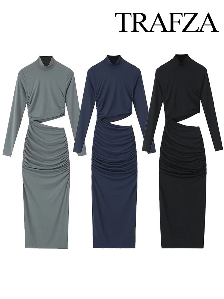 TRAFZA Female Vintage Chic Dresses Solid Color O-Neck Long Sleeve Hollow Out Waist Folds Women's Autumn Fashion Long Dresses