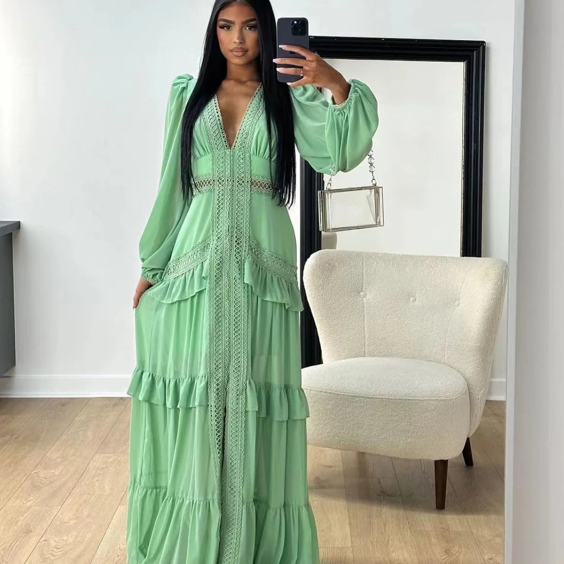 CM.YAYA Women V-neck Full Sleeve Ruffles Lace Long Maxi Dress 2025 Spring Beach Holiday Party Sexy Street Vestidos Sexy Dresses