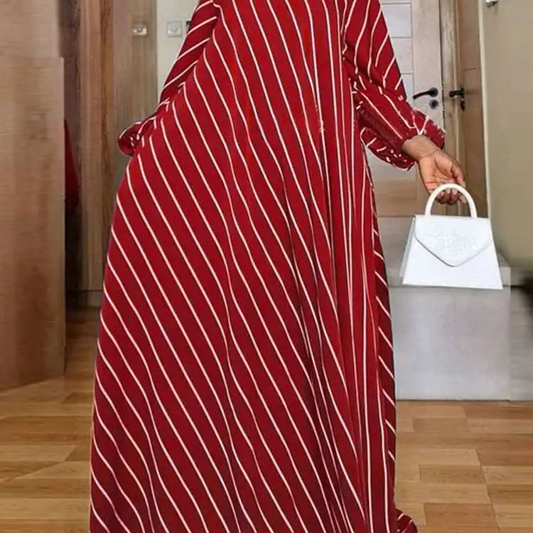 Plus Size 5XL Elegant Striped Maxi Dress Women High Neck Elegant Long Sundress Long Puff Sleeve Printed Vestidos Red