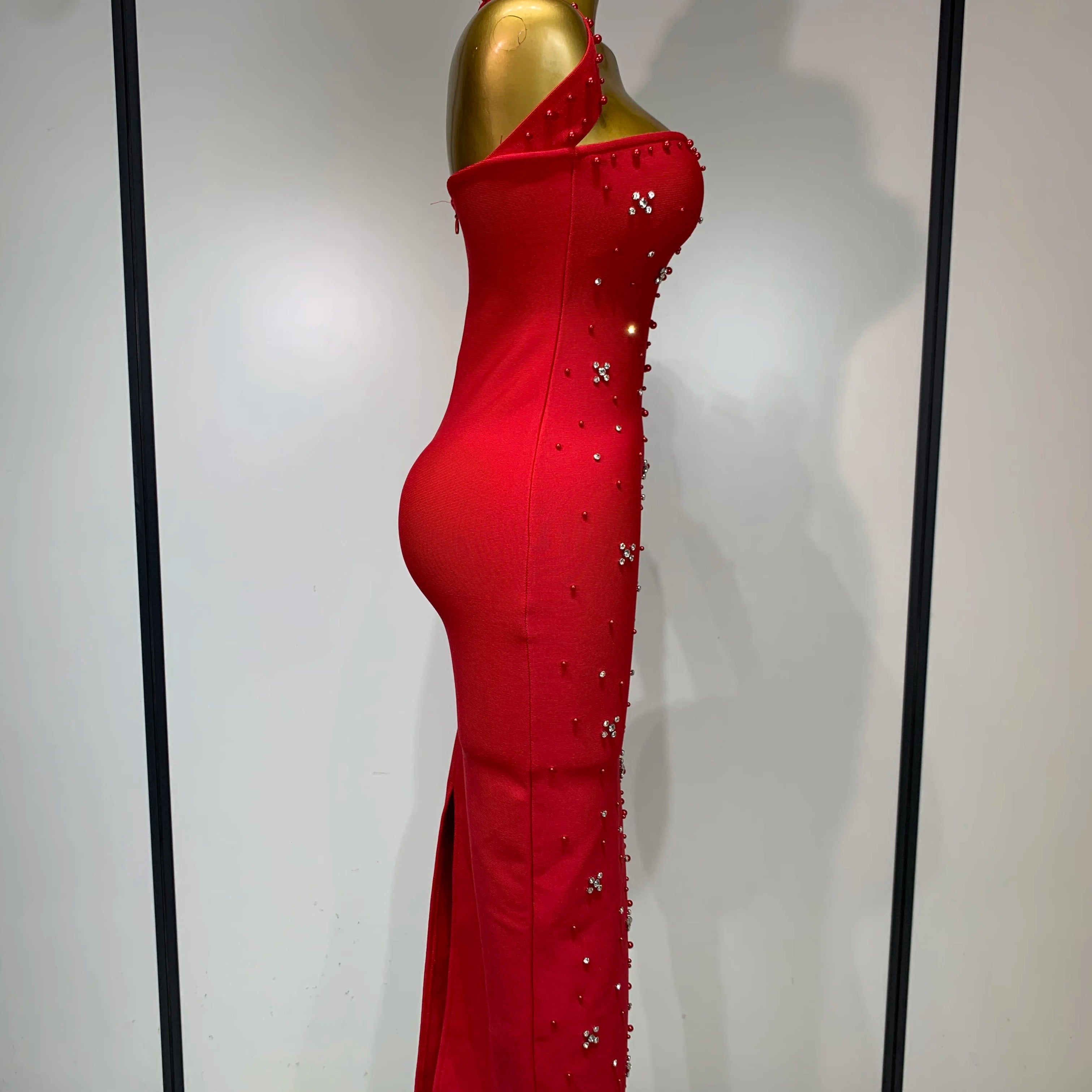 Women Sexy Halter Backless Shiny Rhinestone Pearl Bodycon Bandage Dress Celebirty Elegant Evening Party Luxury Birthday Dress