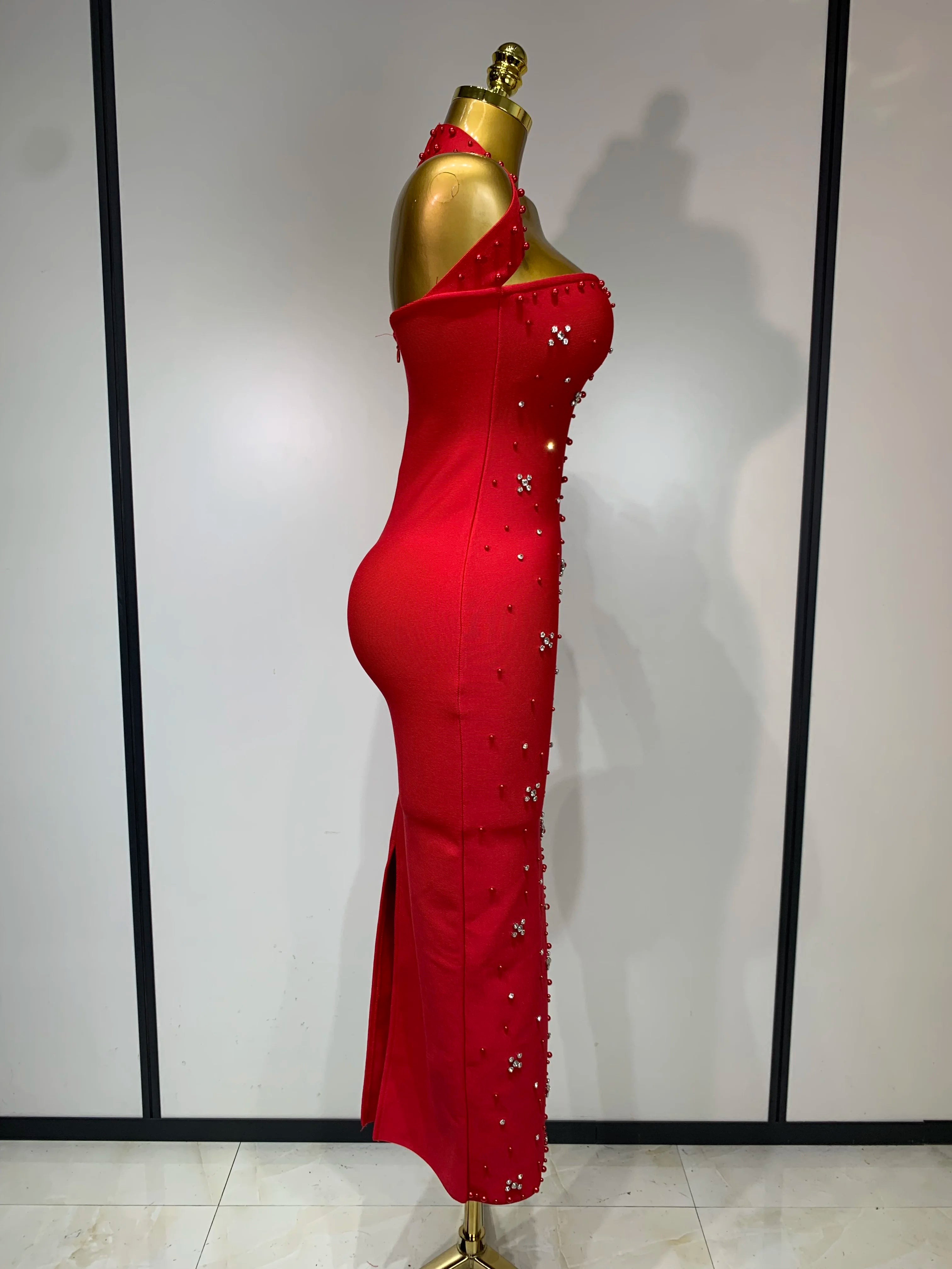 Women Sexy Halter Backless Shiny Rhinestone Pearl Bodycon Bandage Dress Celebirty Elegant Evening Party Luxury Birthday Dress