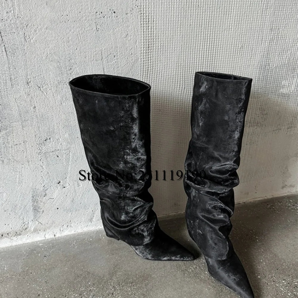 Brown Pleated Knee-high Boots Pointed Toe Wedges 2025 Black Fashion Shoes Autumn Winter Slip On Pull On Luxury Designer Booties