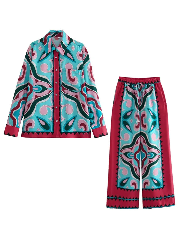 BlingBlingee Summer Printed Women Wide Pants Satin Suits Traf Asymmetric Sleeveless Strapless Crop Top Female Sets Y2K Top-Pants Sets