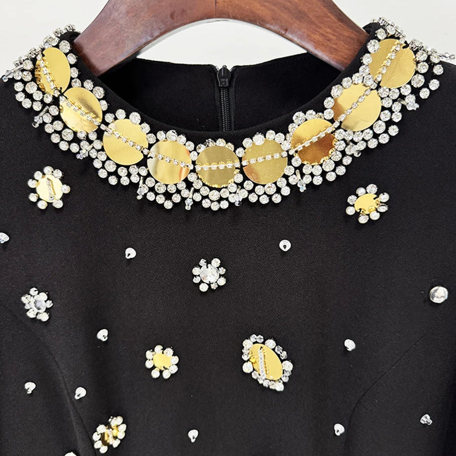 TWOTWINSTYLE Hit Color Spliced Bead Luxurious Dresses for Women Round Neck Long Sleeve Patchwork Wave Point Elegant Dress Female