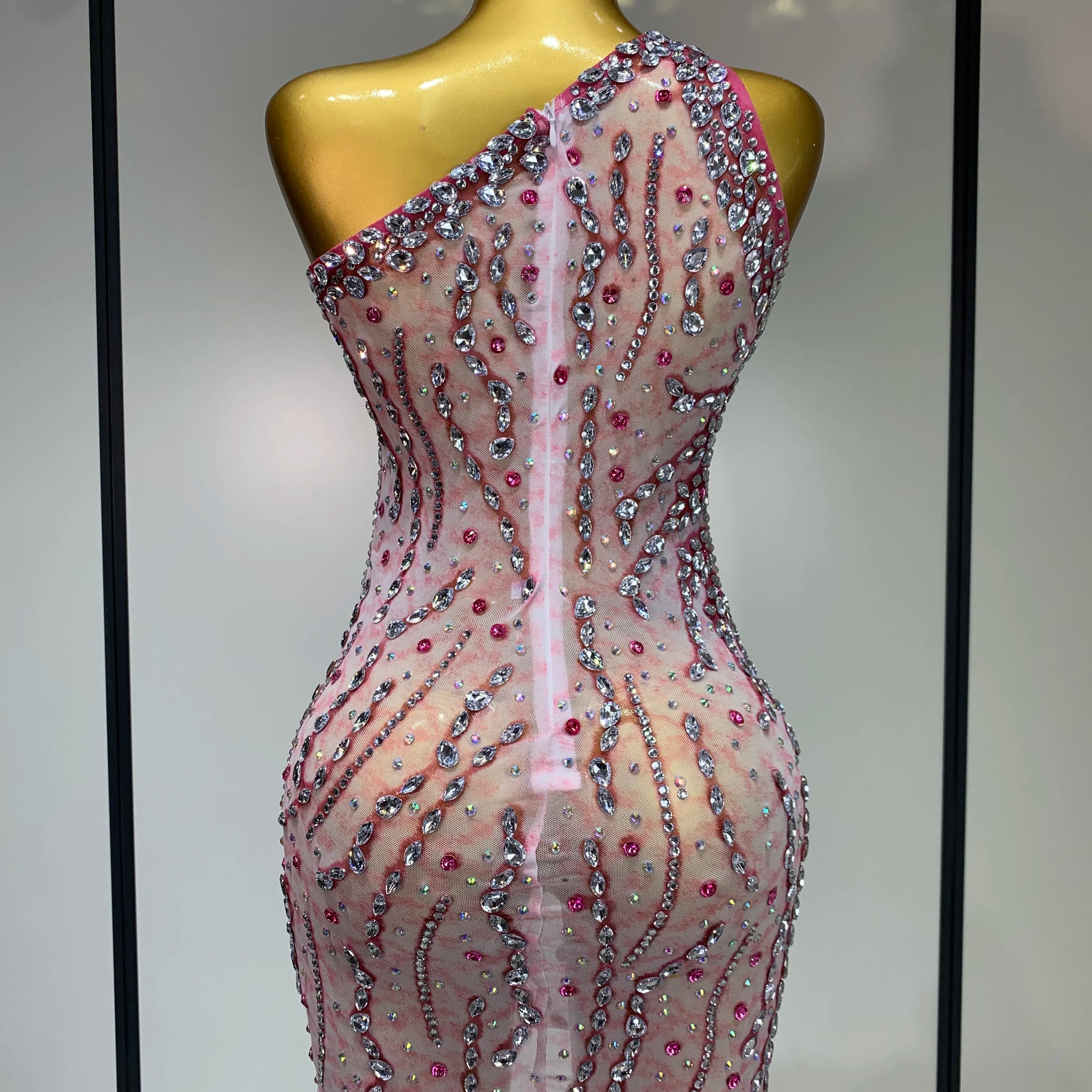 Women Sexy Mesh See Through Rhinestone Mini Dress Stage Dancer One Shoulder Stretch Night Club Party Birthday Dress Stage Outfit