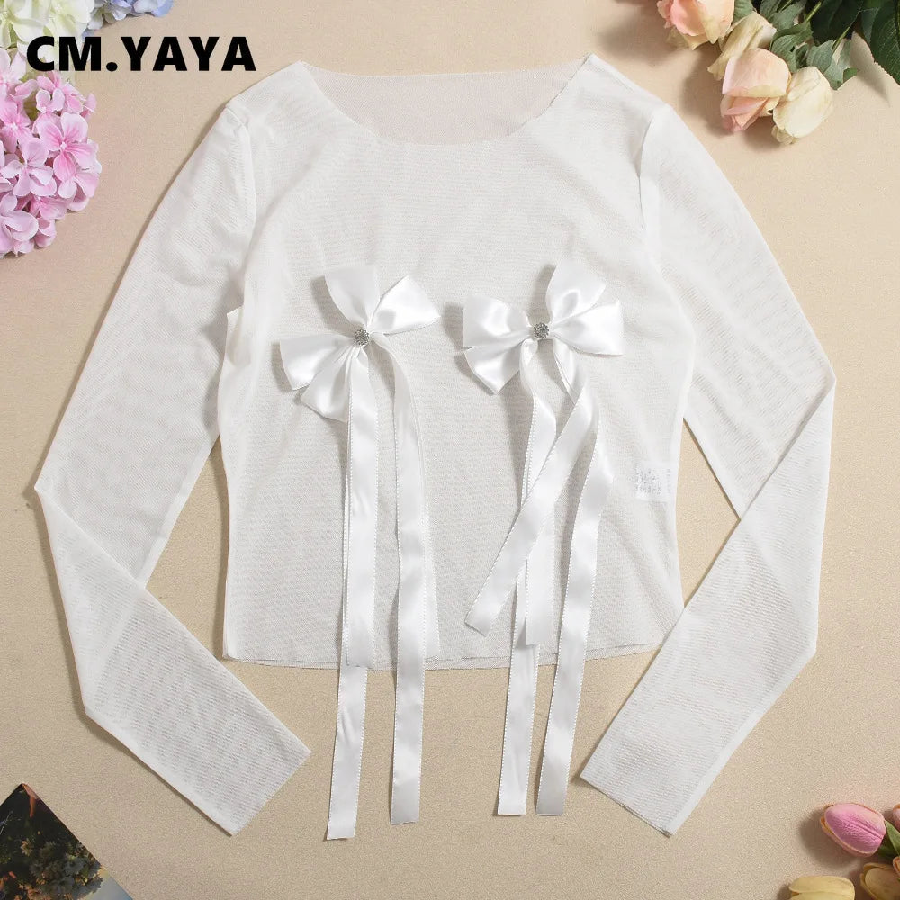 CM.YAYA Women's Set Bow O-Neck Mesh Long Sleeve Tops + Velvet Shorts Suits Streetwear Sexy Two 2 Piece Outfits Tracksuits Summer