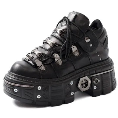 Punk Women Lace-Up Ankle Botas Mujer 2025 Rivet Metal Decoration Round Toe Thick Bottom Boots Woman Nightclub Rock Platform Shoe