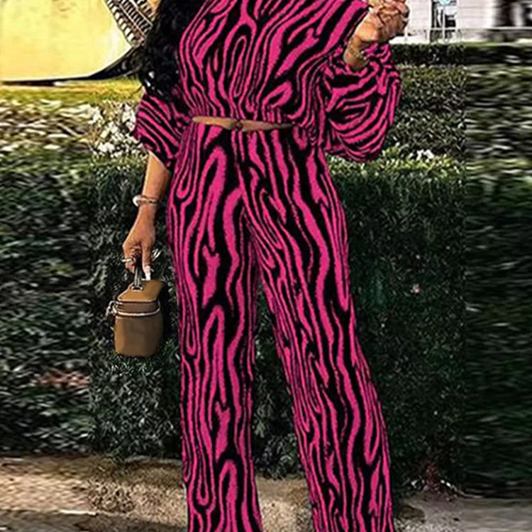 Plus Size VONDA Women Pant Sets Zebra-stripe Bohemian Printed 2PCS Long Sleeve Skew Collar Top and High Waist Pants Casual Sets