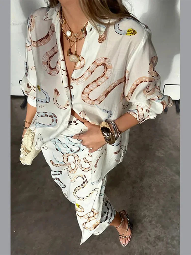 Snake Print Long Sleeve Shirt Split Skirt 2 Pcs Set Women Single Breasted Loose Lapel Short Dress Set Summer Chic Female Suits