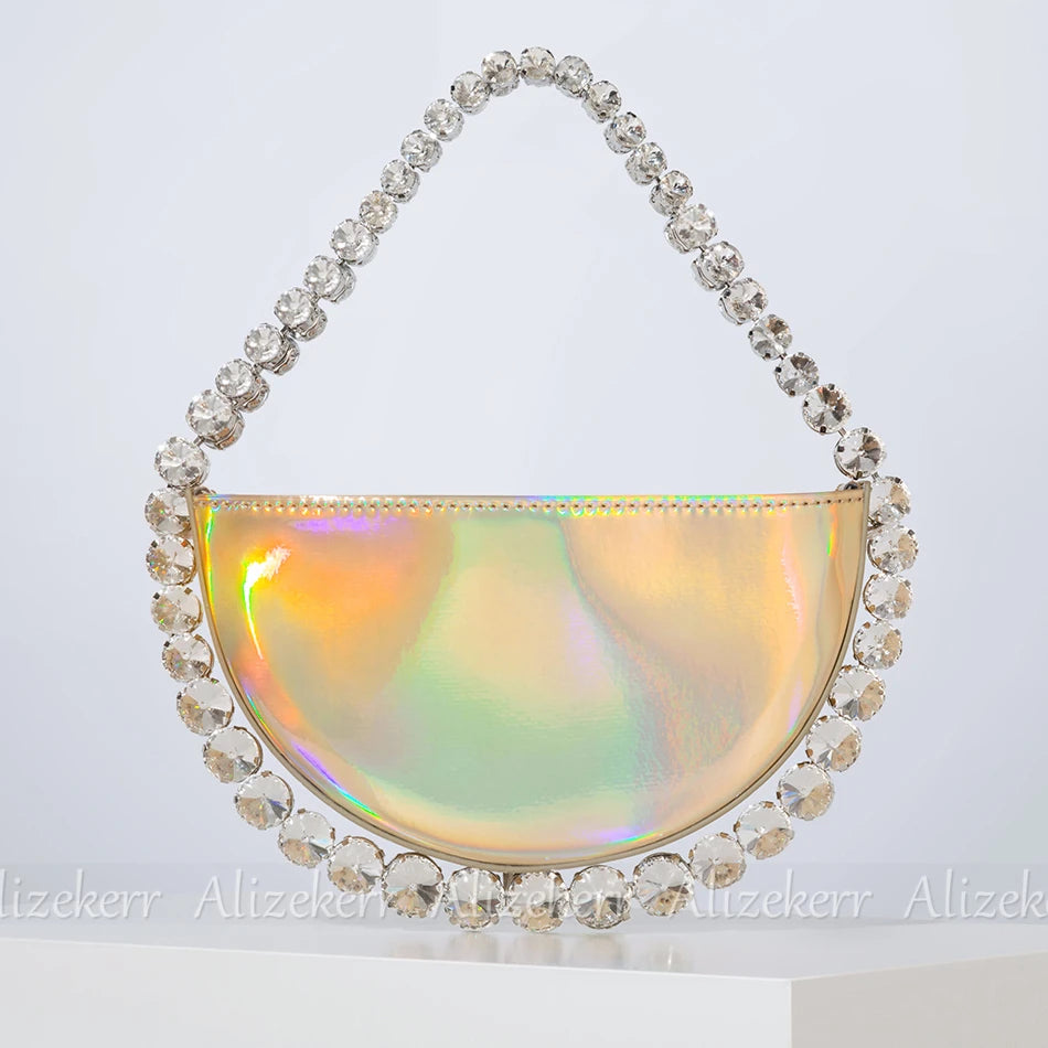 Shiny Crystal Sequines Round Evening Bags Women Luxury Designer Half Moon Rhinestone Wedding Clutch Purses And Handbags Party Laser L20 x W4 x H10cm