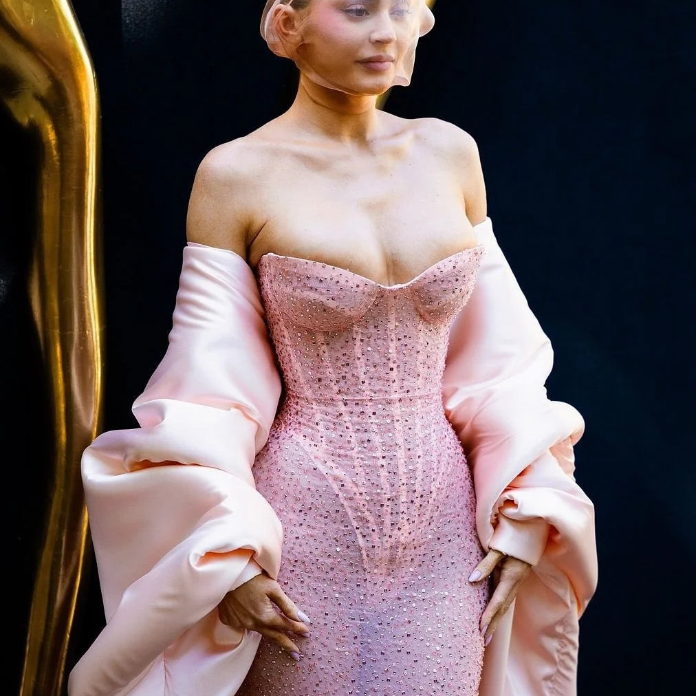 Vestido de celebridades para tapete vermelho feminino, sexy, sem alças, brilhante, rosa, lantejoulas, bodycon, longo, festa à noite, atacado