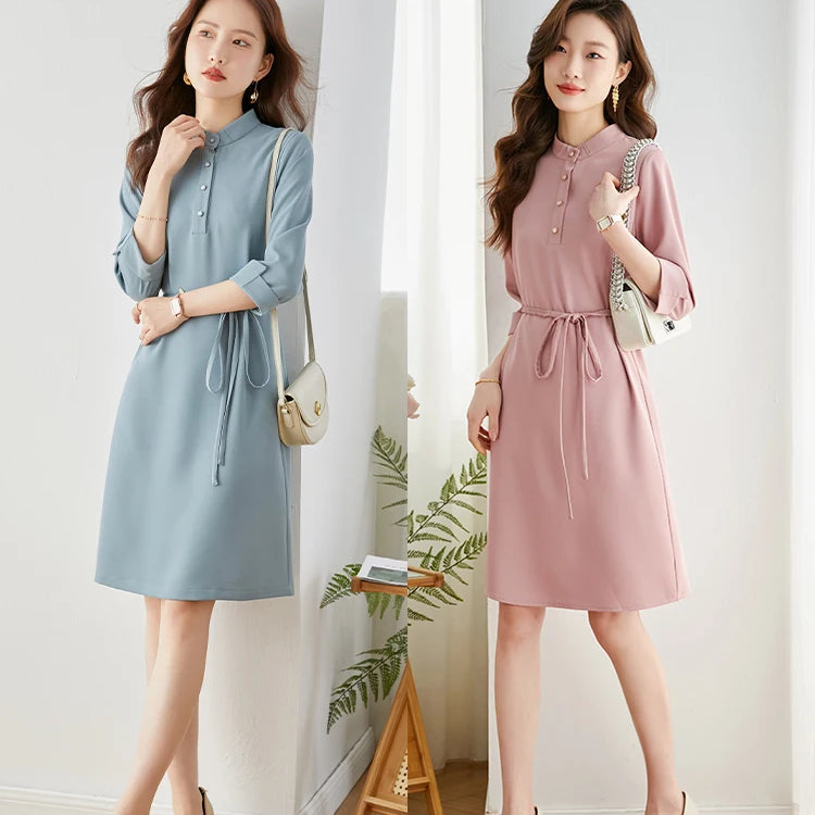 Elegant Solid Lace-up Slim Waist Dress Women Summer Straight Stand Collar Long Sleeve Office Ladies Vintage Dresses