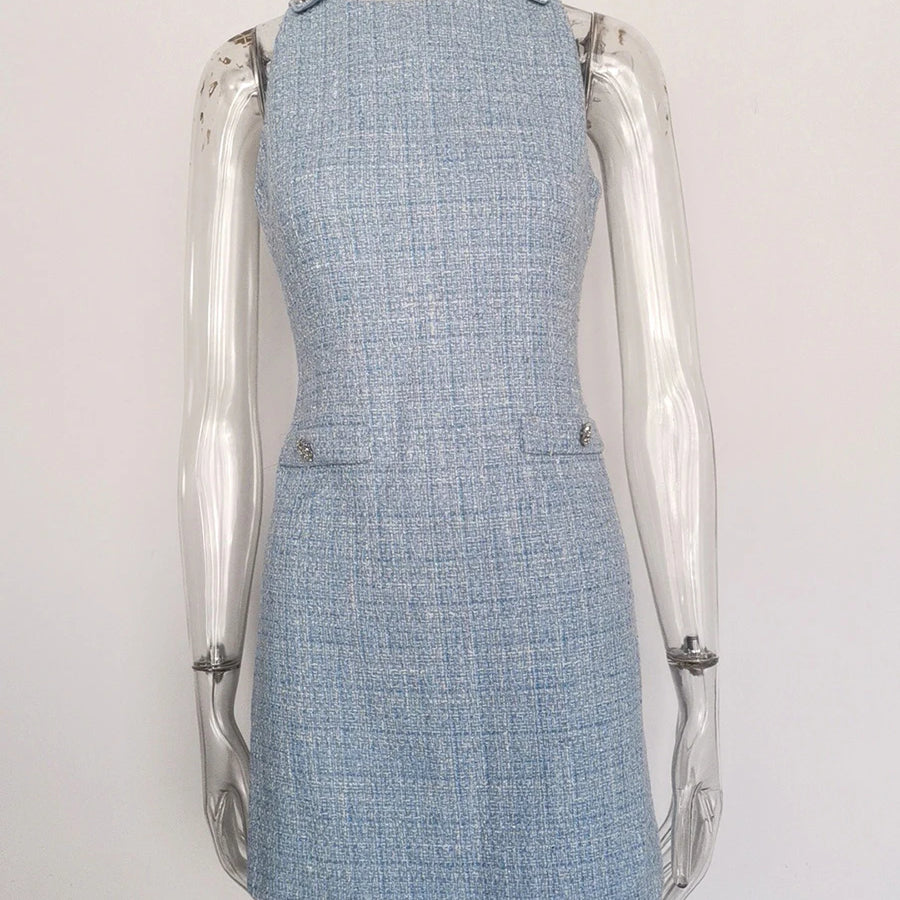 TWOTWINSTYLE Solid Slimming Spliced Button Dresses for Women Round Neck Sleevless Temperament Mini Dress Female Fashion Clothing