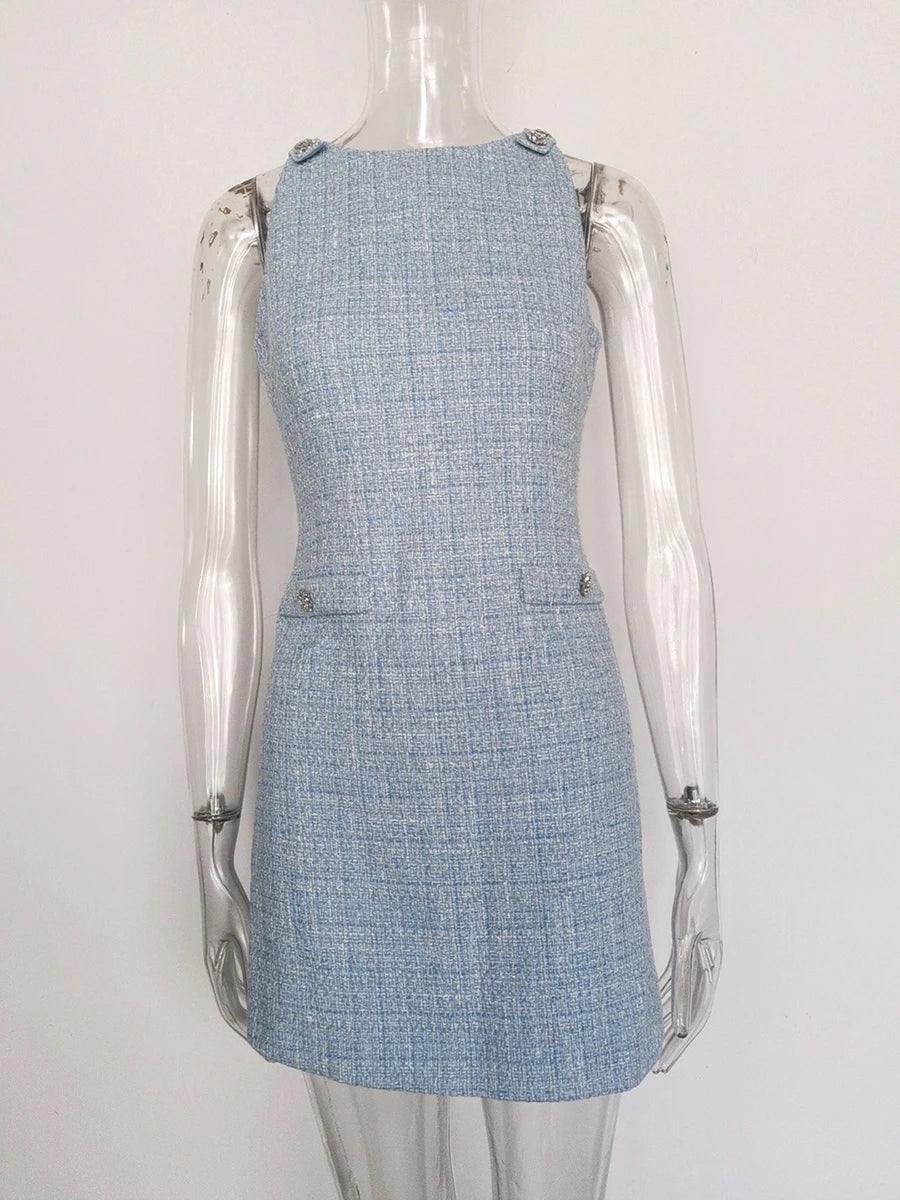 TWOTWINSTYLE Solid Slimming Spliced Button Dresses for Women Round Neck Sleevless Temperament Mini Dress Female Fashion Clothing