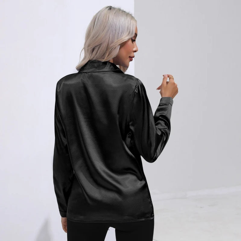 Spring Autumn Satin Shirt Women V Neck Long Sleeve Office Shirt Blouses Ladies Black White Silk Loose Shirts For Women