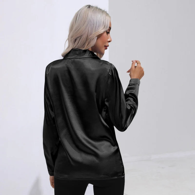 Spring Autumn Satin Shirt Women V Neck Long Sleeve Office Shirt Blouses Ladies Black White Silk Loose Shirts For Women