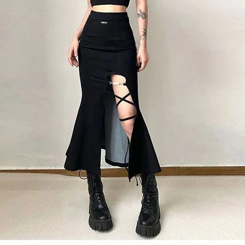High Waist Women Mermaid Skirts American Style Designed Bandage Split Midi Skirt Y2K Fashion Streetwear Female Skirts Spring black