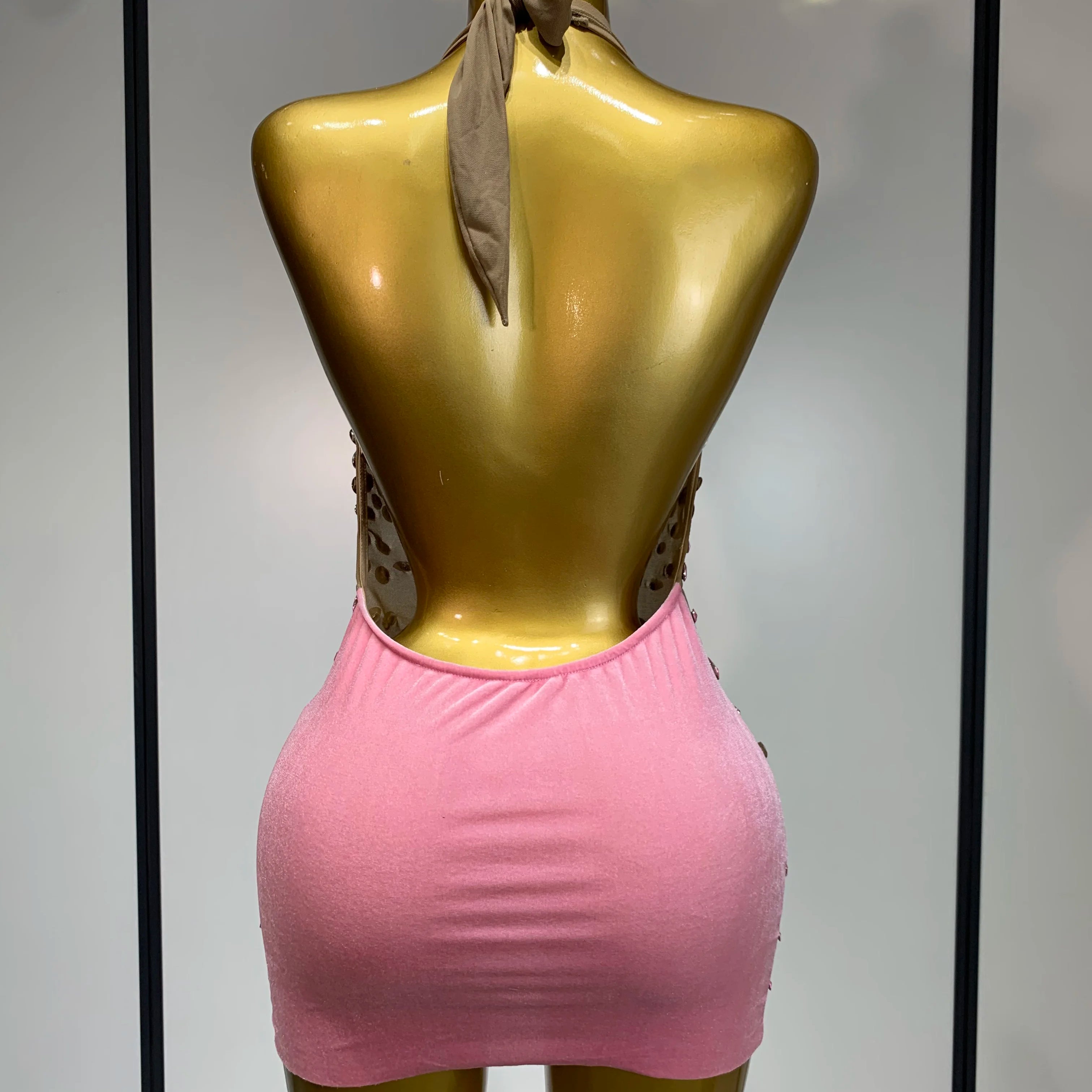 Luxury Rhinestones Backless Mini Dress Women Sexy Mesh Transparent Celebrate Evening Birthday Photo Shoot Perform Stage Outfit