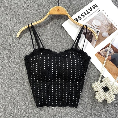 Chic Glitter Sequins Lace Camis Sexy Backless Korean Fashion Tank Top Slim Bustier Summer Women Party Club Crop Top Streetwear black One Size