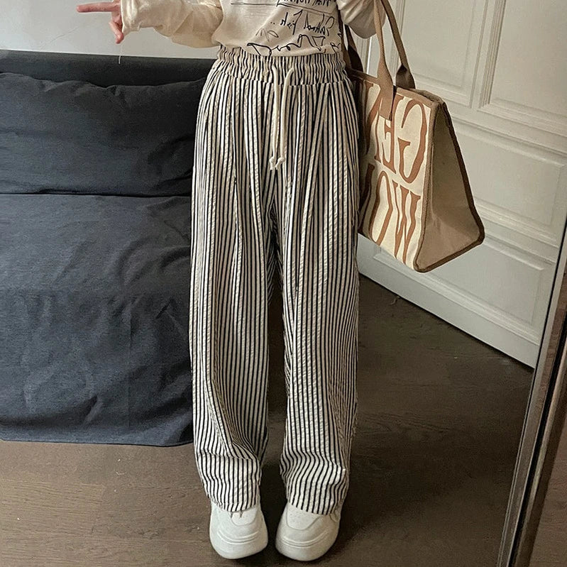 Spring Striped Straight Leg Pants Women Japan Style Full Length Drawstring Casual Versatile Office Lady Daily Trousers Female